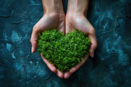 Human hands holding green grass in heart shape on dark textured backgroundの素材