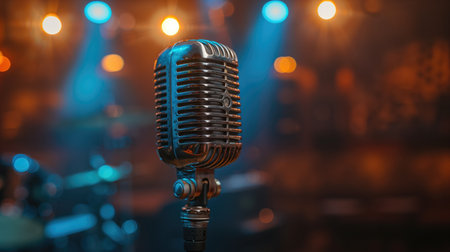 Retro microphone on stage background with bokeh defocused lightsの素材