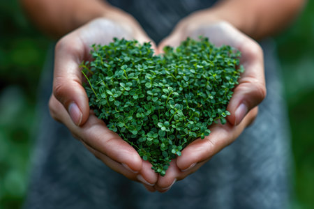 Little green sprouts in the hands of a child. Selective focus. natures.の素材