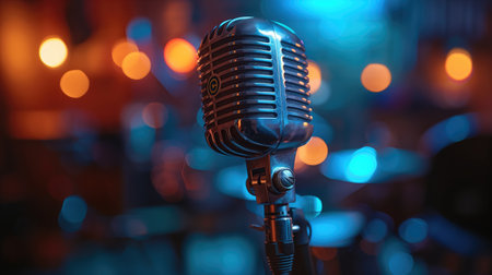 Retro microphone on stage with colorful bokeh background, close upの素材
