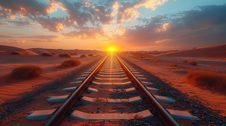 Railway in the desert at sunset. 3d render illustration.の素材