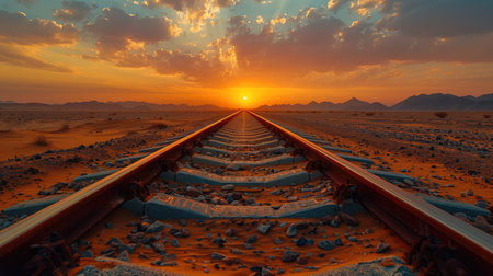 Railway tracks in the desert at sunset. Travel and transportation conceptの素材