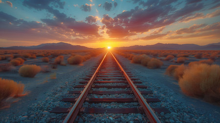 Railway in the desert at sunset. 3d render illustration.の素材