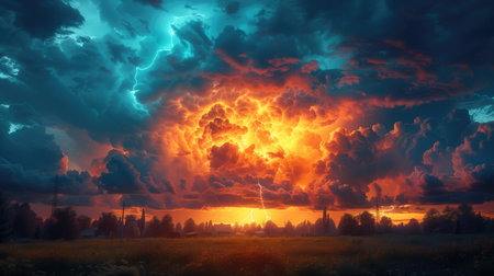 Fiery thunderstorm over the field at sunset, 3d renderの素材
