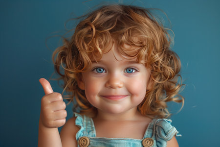 Portrait of a beautiful little girl with curly hair on a blue backgroundの素材
