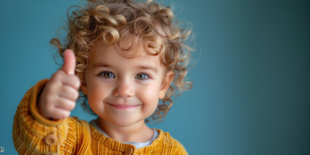 Portrait of a little boy with curly hair on a blue backgroundの素材
