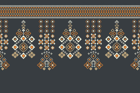 Ethnic geometric seamless fabric pattern Cross Stitch.Ikat embroidery oriental Pixel pattern green gray background. Abstract,vector,illustration. Texture,Cross Stitch,frame.のイラスト素材