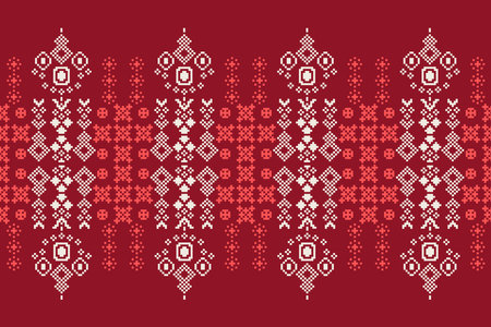 Ethnic geometric fabric pattern Cross Stitch.Ikat embroidery Ethnic oriental Pixel pattern red background. Abstract,vector,illustration. Texture,frame,motifs,wallpaper.のイラスト素材