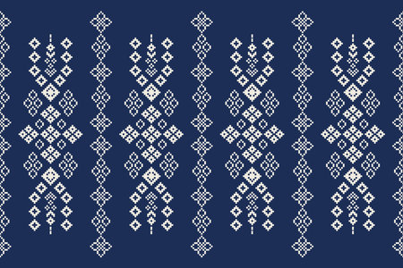Ethnic geometric fabric pattern Cross Stitch.Ikat embroidery Ethnic oriental Pixel pattern blue background. Abstract,vector,illustration. Texture,frame,decoration,motifs,wallpaper.のイラスト素材