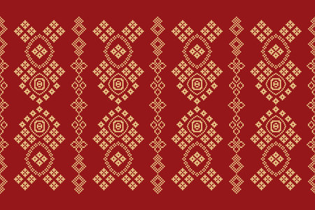 Ethnic geometric fabric pattern Cross Stitch.Ikat embroidery Ethnic oriental Pixel pattern red background. Abstract,vector,illustration. Texture,frame,motifs,wallpaper.のイラスト素材