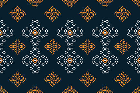 Ethnic geometric fabric pattern Cross Stitch.Ikat embroidery Ethnic oriental Pixel pattern blue background. Abstract,vector,illustration. Texture,frame,decoration,motifs,wallpaper.のイラスト素材
