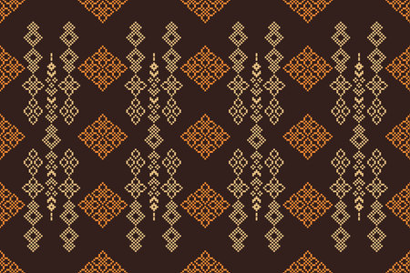Ethnic geometric fabric pattern Cross Stitch.Ikat embroidery Ethnic oriental Pixel pattern brown background. Abstract,vector,illustration. Texture,frame,motifs,wallpaper.のイラスト素材