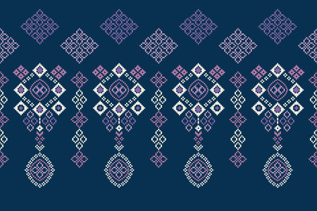 Ethnic geometric seamless fabric pattern Cross Stitch.Ikat embroidery oriental Pixel pattern blue background. Abstract,vector,illustration. Texture,Cross Stitch,frame,motif.のイラスト素材