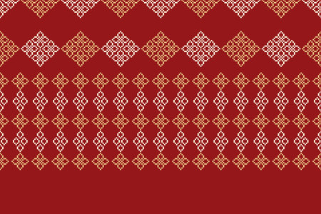 Ethnic geometric seamless fabric pattern Cross Stitch.Ikat embroidery oriental Pixel pattern red background. Abstract,vector,illustration. Texture,Cross Stitch,frame,motif.のイラスト素材