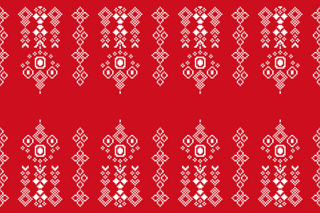 Ethnic geometric seamless fabric pattern Cross Stitch.Ikat embroidery oriental Pixel pattern red background. Abstract,vector,illustration. Texture,Cross Stitch,frame,motif.のイラスト素材