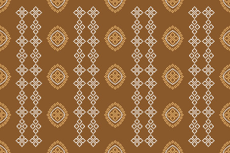 Ethnic geometric fabric pattern Cross Stitch.Ikat embroidery Ethnic oriental Pixel pattern brown background. Abstract,vector,illustration. Texture,clothing,frame,motifs.のイラスト素材