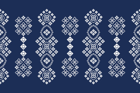 Ethnic geometric fabric pattern Cross Stitch.Ikat embroidery Ethnic oriental Pixel pattern blue background. Abstract,vector,illustration. Texture,clothing,frame,decoration,motifs.のイラスト素材