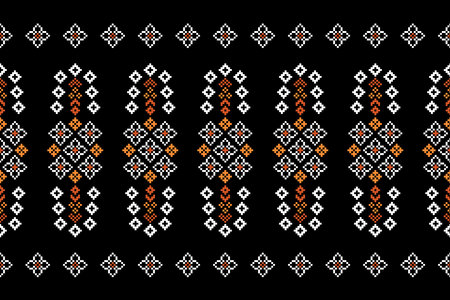 Ethnic geometric fabric pattern Cross Stitch.Ikat embroidery Ethnic oriental Pixel pattern black background. Abstract,vector,illustration. Texture,clothing,frame,decoration,motifs.のイラスト素材