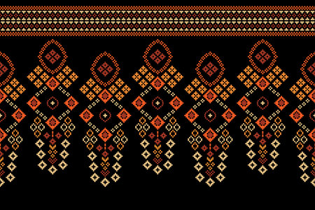 Ethnic geometric fabric pattern Cross Stitch.Ikat embroidery Ethnic oriental Pixel pattern black background. Abstract,vector,illustration. Texture,clothing,frame,decoration,motifs.のイラスト素材