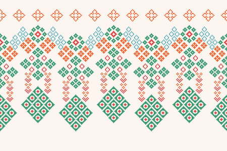 Ethnic geometric fabric pattern Cross Stitch.Ikat embroidery Ethnic oriental Pixel pattern brown cream background. Abstract,vector,illustration. Texture,clothing,frame,motifs.のイラスト素材