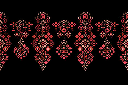 Ethnic geometric fabric pattern Cross Stitch.Ikat embroidery Ethnic oriental Pixel pattern black...