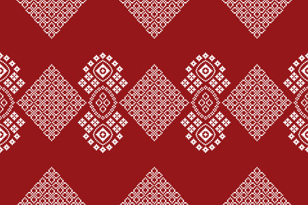 Ethnic geometric fabric pattern Cross Stitch.Ikat embroidery Ethnic oriental Pixel pattern red background. Abstract,vector,illustration. Texture,clothing,frame,decoration,motifs.のイラスト素材