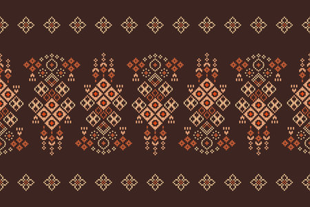 Ethnic geometric fabric pattern Cross Stitch.Ikat embroidery Ethnic oriental Pixel pattern brown background. Abstract,vector,illustration. Texture,clothing,frame,decoration,motifs.のイラスト素材