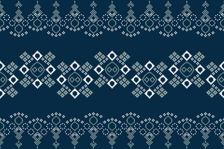 Ethnic geometric fabric pattern Cross Stitch.Ikat embroidery Ethnic oriental Pixel pattern blue background. Abstract,vector,illustration. Texture,clothing,frame,decoration,motifs.のイラスト素材