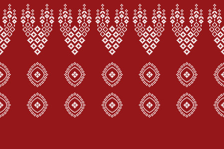 Ethnic geometric fabric pattern Cross Stitch.Ikat embroidery Ethnic oriental Pixel pattern red christmas day background. Abstract,vector,illustration. Texture,frame,decoration.のイラスト素材