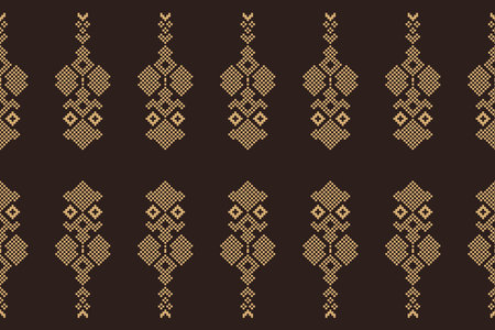 Ethnic geometric fabric pattern Cross Stitch.Ikat embroidery Ethnic oriental Pixel pattern brown background. Abstract,vector,illustration. Texture,clothing,scarf,decoration,motifs.のイラスト素材