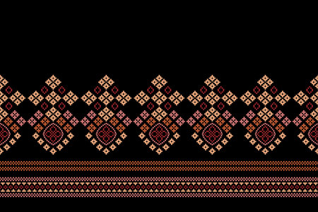 Ethnic geometric fabric pattern Cross Stitch.Ikat embroidery Ethnic oriental Pixel pattern black background. Abstract,vector,illustration. Texture,clothing,frame,decoration,motifs.のイラスト素材