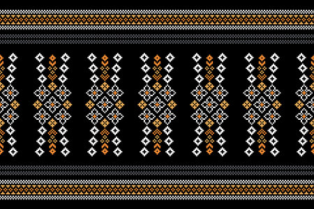Ethnic geometric fabric pattern Cross Stitch.Ikat embroidery Ethnic oriental Pixel pattern black background. Abstract,vector,illustration. Texture,clothing,frame,decoration,motifs.のイラスト素材