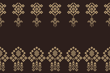 Ethnic geometric fabric pattern Cross Stitch.Ikat embroidery Ethnic oriental Pixel pattern brown background. Abstract,vector,illustration. Texture,clothing,scarf,decoration,motifs.のイラスト素材