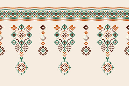 Traditional ethnic motifs ikat geometric fabric pattern cross stitch.Ikat embroidery Ethnic oriental Pixel brown cream background. Abstract,vector,illustration. Texture,scarf.のイラスト素材