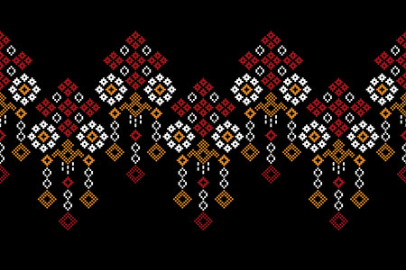Traditional ethnic motifs ikat geometric fabric pattern cross stitch.Ikat embroidery Ethnic oriental Pixel black background.Abstract,vector,illustration. Texture,scarf,decoration.のイラスト素材
