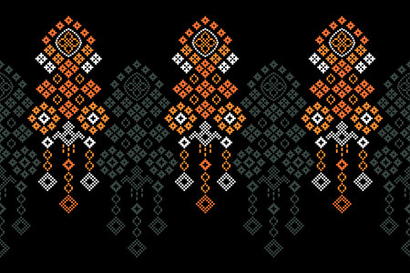 Traditional ethnic motifs ikat geometric fabric pattern cross stitch.Ikat embroidery Ethnic oriental Pixel black background.Abstract,vector,illustration. Texture,scarf,decoration.のイラスト素材