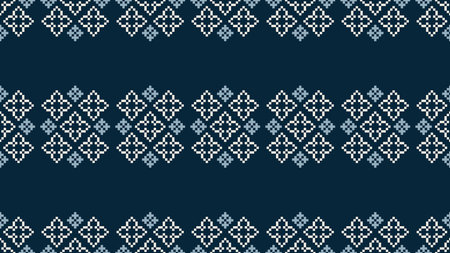 Traditional ethnic motifs ikat geometric fabric pattern cross stitch.Ikat embroidery Ethnic oriental Pixel navy blue background. Abstract,vector,illustration. Texture,scarf,decor.のイラスト素材