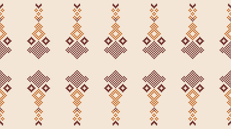 Traditional ethnic motifs ikat geometric fabric pattern cross stitch.Ikat embroidery Ethnic oriental Pixel brown cream background. Abstract,vector,illustration. Texture,scarf.のイラスト素材