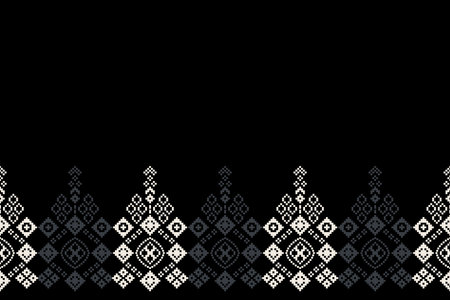 Traditional ethnic motifs ikat geometric fabric pattern cross stitch.Ikat embroidery Ethnic oriental Pixel black background.Abstract,vector,illustration. Texture,scarf,decoration.のイラスト素材