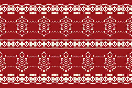 Traditional ethnic motifs ikat geometric fabric pattern cross stitch.Ikat embroidery Ethnic oriental Pixel red background. Abstract,vector,illustration. Texture,christmas,decor.のイラスト素材
