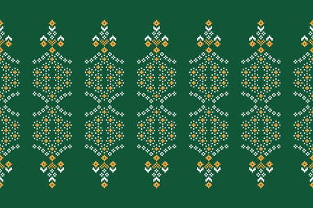 Traditional ethnic motifs ikat geometric fabric pattern cross stitch.Ikat embroidery Ethnic oriental Pixel green background. Abstract,vector,illustration. Texture,scarf,decoration.のイラスト素材