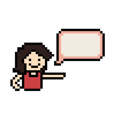 Vector Cute pixel cartoon 8bit character woman with chat blank vector decoration 8 bit female girl say speak discuss idea chat box cartoon pixel game.のイラスト素材