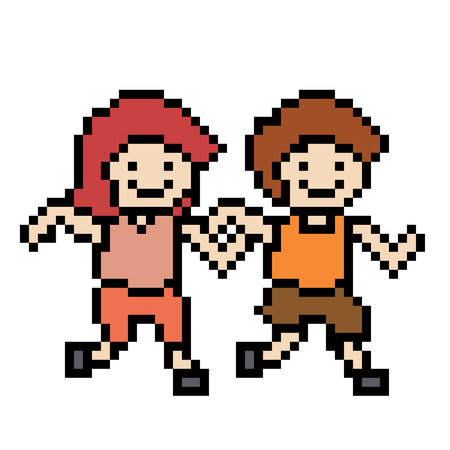 Cute pixel cartoon 8bit character man woman run together running lifestyle vector decoration life style 8 bit run together love marathon bib exercise vector.のイラスト素材