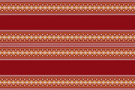 Traditional ethnic motifs ikat geometric fabric pattern cross stitch.Ikat embroidery Ethnic oriental Pixel red background. Abstract,vector,illustration. Texture,christmas,decor.のイラスト素材
