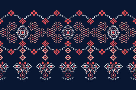 Traditional ethnic motifs ikat geometric fabric pattern cross stitch.Ikat embroidery Ethnic oriental Pixel navy blue background. Abstract,vector,illustration. Texture,decoration.のイラスト素材