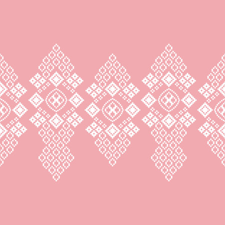 Ethnic geometric fabric pattern Cross Stitch.Embroidery Ethnic oriental Pixel pattern rose pink gold pastel background. Abstract,vector,illustration. Texture,clothing,scarf,decor.のイラスト素材