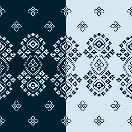 Traditional ethnic motifs ikat geometric fabric pattern cross stitch.Ikat embroidery Ethnic oriental Pixel navy blue background. Abstract,vector,illustration. Texture,decoration.のイラスト素材