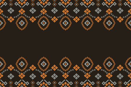 Traditional black ethnic motifs ikat geometric fabric pattern cross stitch.Ikat embroidery Ethnic oriental Pixel brown background.Abstract,vector,illustration. Texture,decoration.のイラスト素材