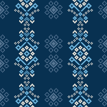 Traditional ethnic motifs ikat geometric fabric pattern cross stitch.Ikat embroidery Ethnic oriental Pixel navy blue background. Abstract,vector,illustration. Texture,decoration.のイラスト素材