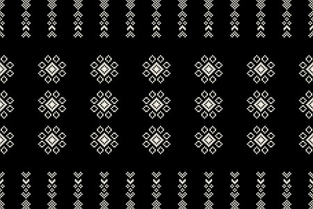 Traditional black ethnic motifs ikat geometric fabric pattern cross stitch.Ikat embroidery Ethnic oriental Pixel black background.Abstract,vector,illustration. Texture,decoration.のイラスト素材